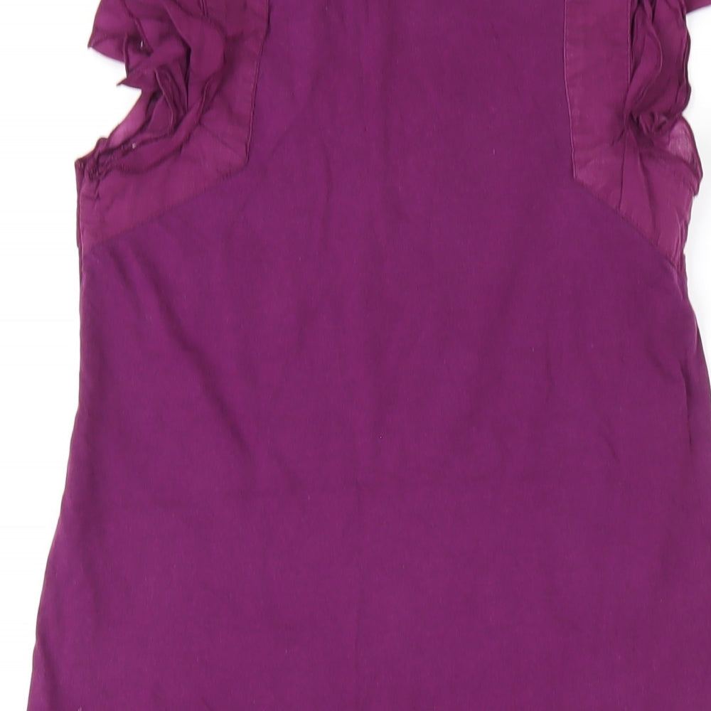 Brand and care label for French Connection women’s purple cotton a-line, size UK 6, square neck pullover