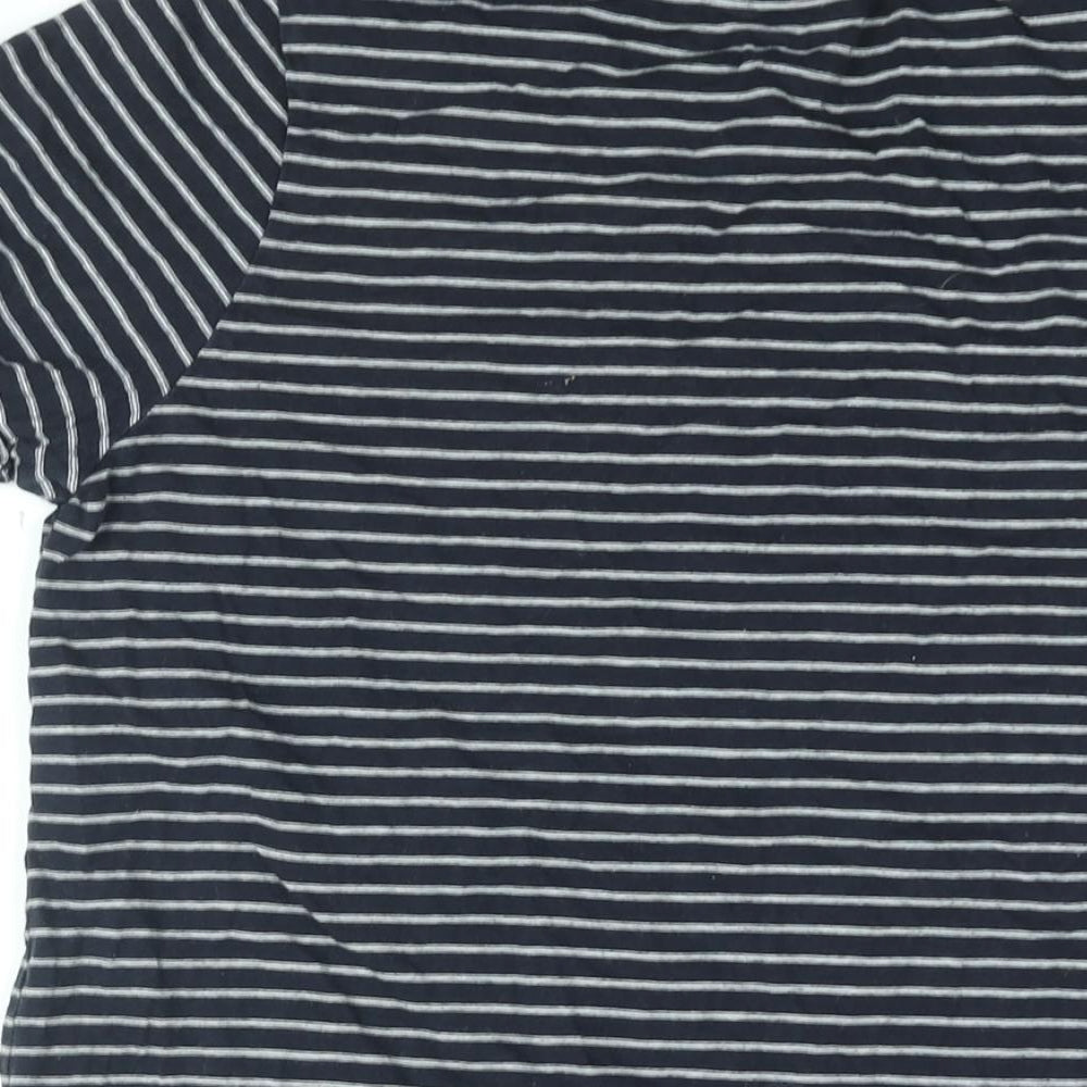 Brand and care label for ASOS women’s blue striped cotton basic t-shirt, size UK 12, round neck