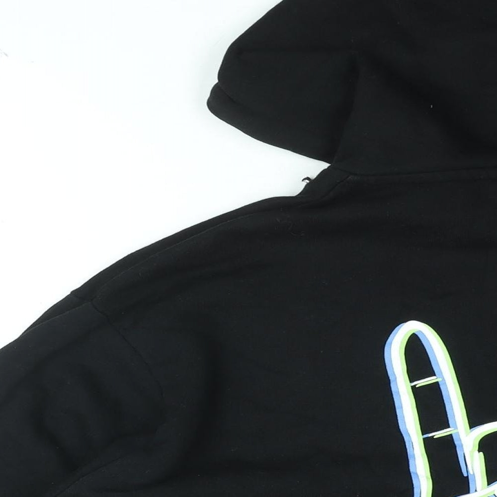 Brand and care label for ASOS men’s black cotton pullover hoodie, size XS, - hand sign