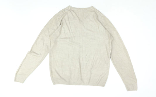 Easy Mens Beige V-Neck Acrylic Pullover Jumper Size M Long Sleeve