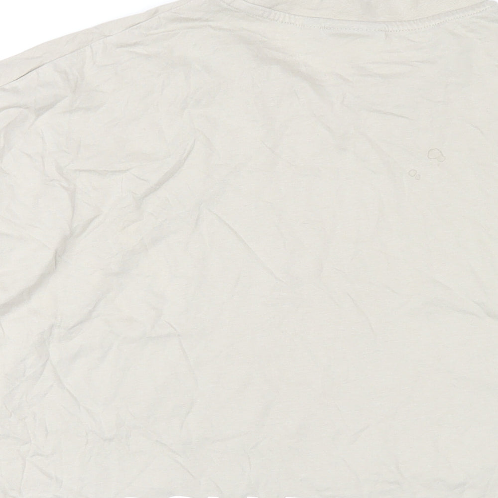 Brand and care label for ASOS men’s beige cotton t-shirt, size M, round neck