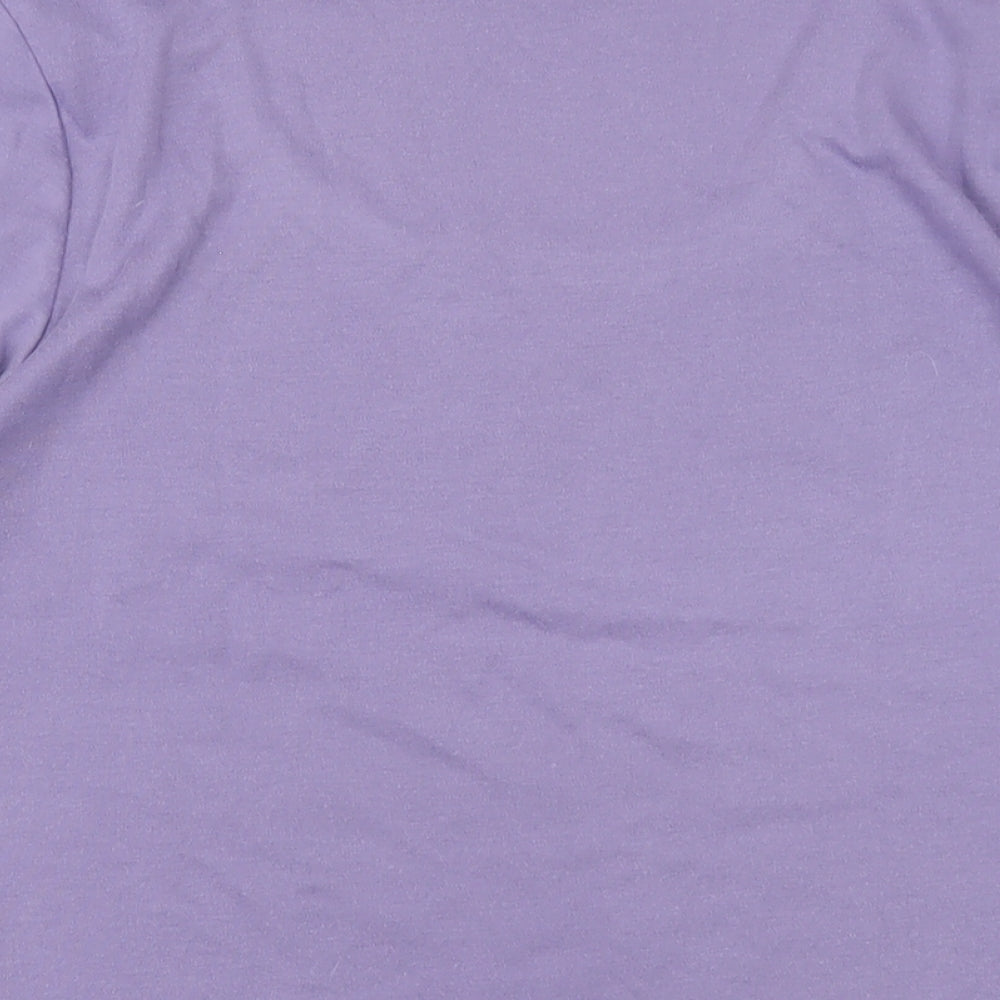 Brand and care label for Ella J women’s purple polyester basic t-shirt, size M, roll neck
