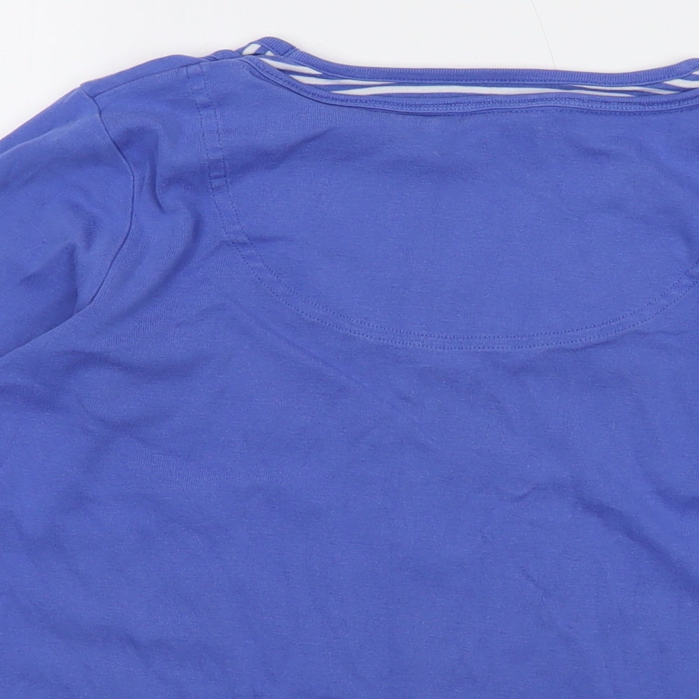Brand and care label for Maine New England women’s blue cotton basic t-shirt, size UK 12, round neck
