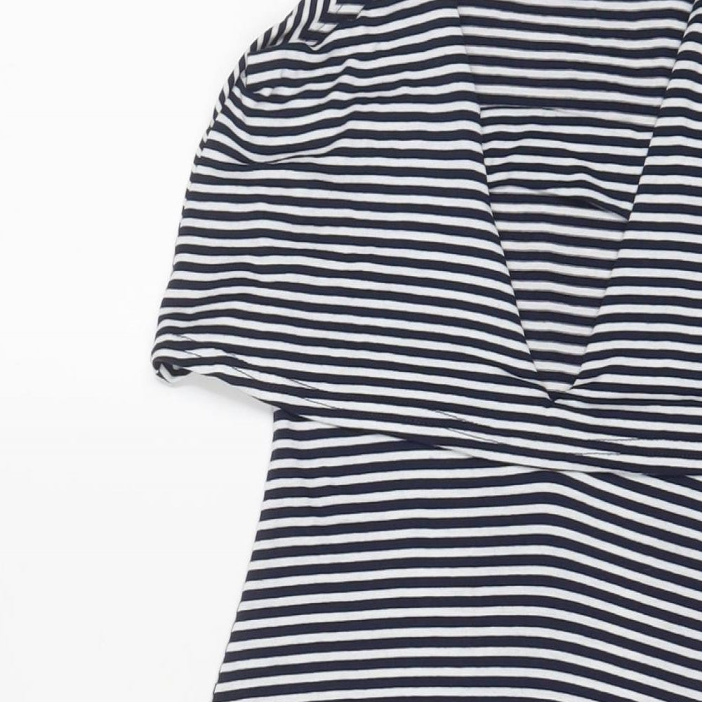 Brand and care label for Miss Selfridge women’s black striped viscose a-line, size UK 10, square neck pullover