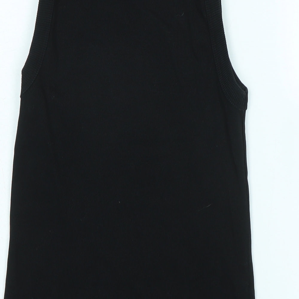 Brand and care label for Kin women’s black cotton basic tank, size S, crew neck - logo