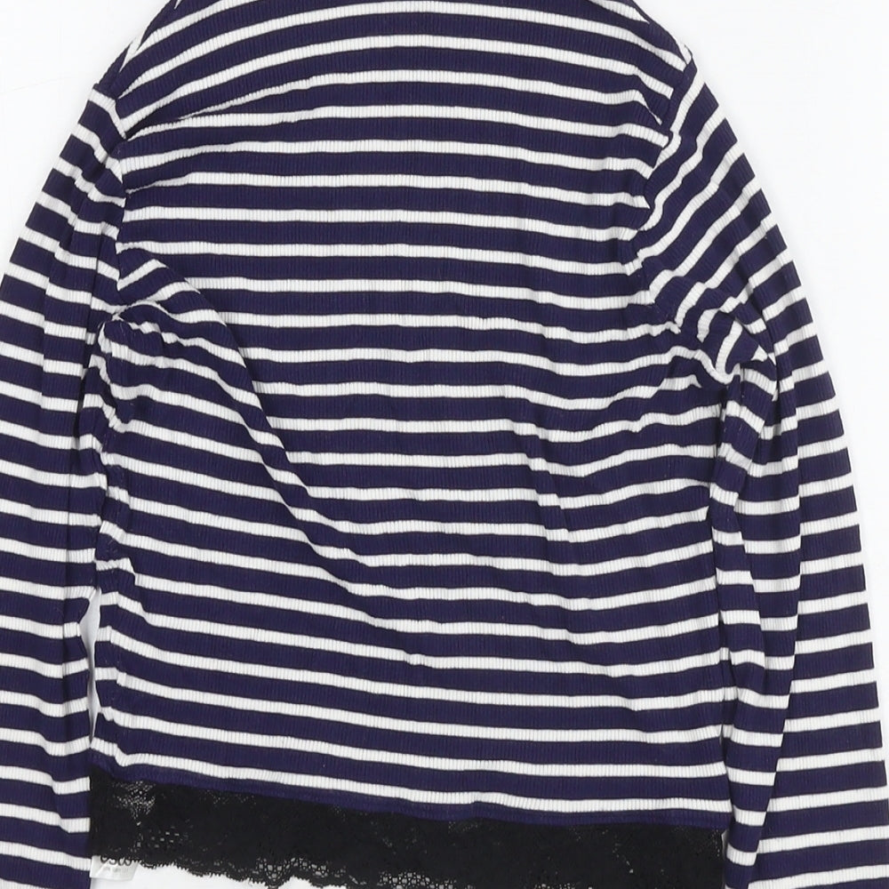 Brand and care label for ASOS women’s blue striped viscose jersey t-shirt, size UK 6, round neck