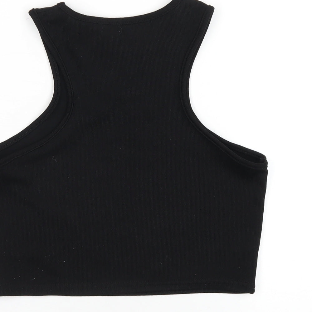 Brand and care label for I SAW IT FIRST women’s black polyester cropped tank, size UK 8, round neck