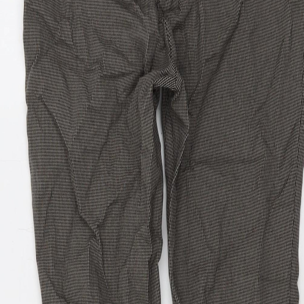 Brand and care label for French Connection women’s beige geometric cotton trousers, size UK 8, 26-inch leg regular zip