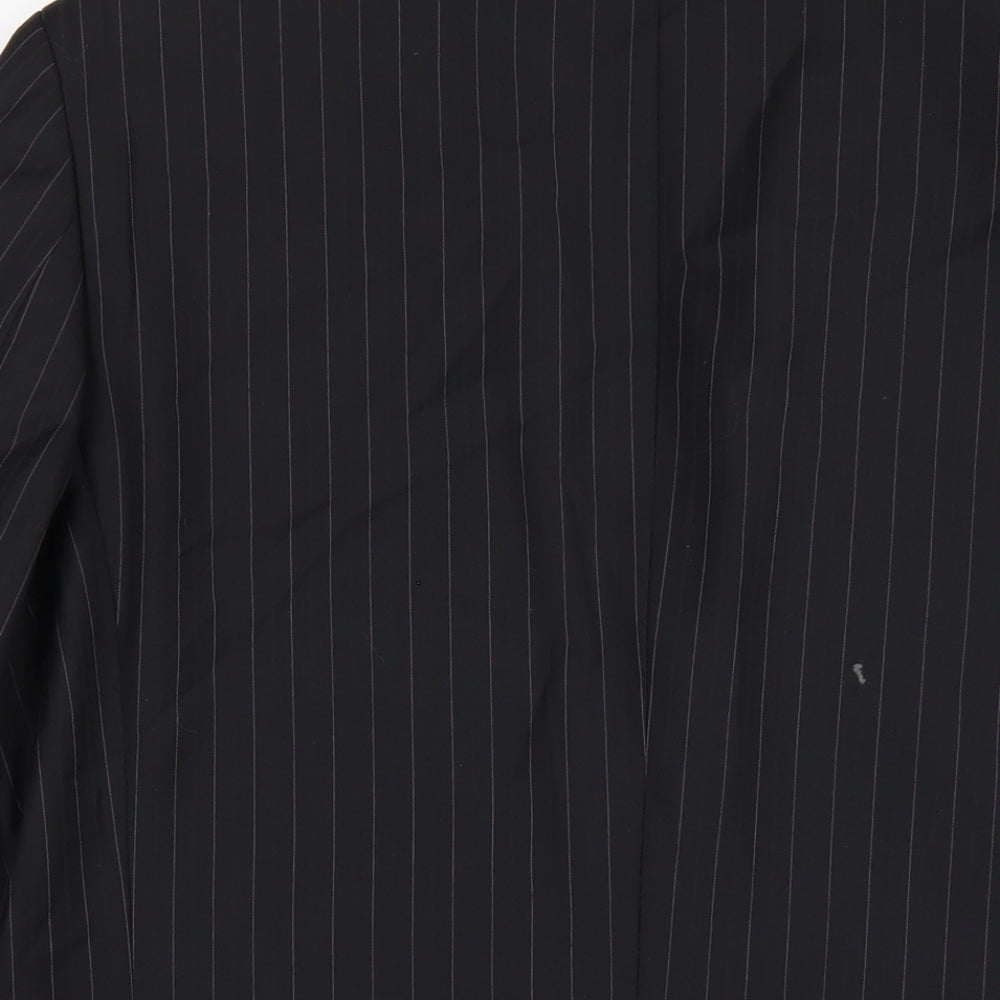Brand and care label for French Connection men’s black striped wool jacket blazer, size 42, regular