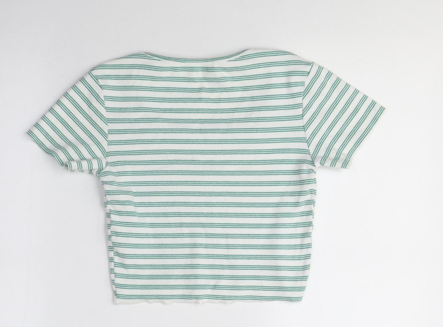 Pull&Bear Women's Green Striped Cropped T-Shirt S