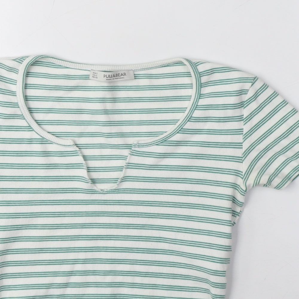 Pull&Bear Women's Green Striped Cropped T-Shirt S