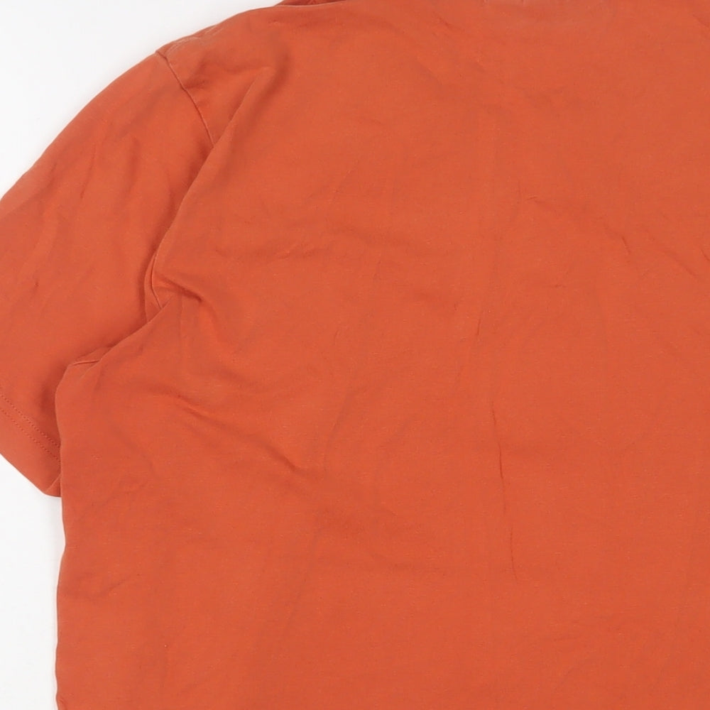 Brand and care label for Mexx men’s orange cotton t-shirt, size M, v-neck