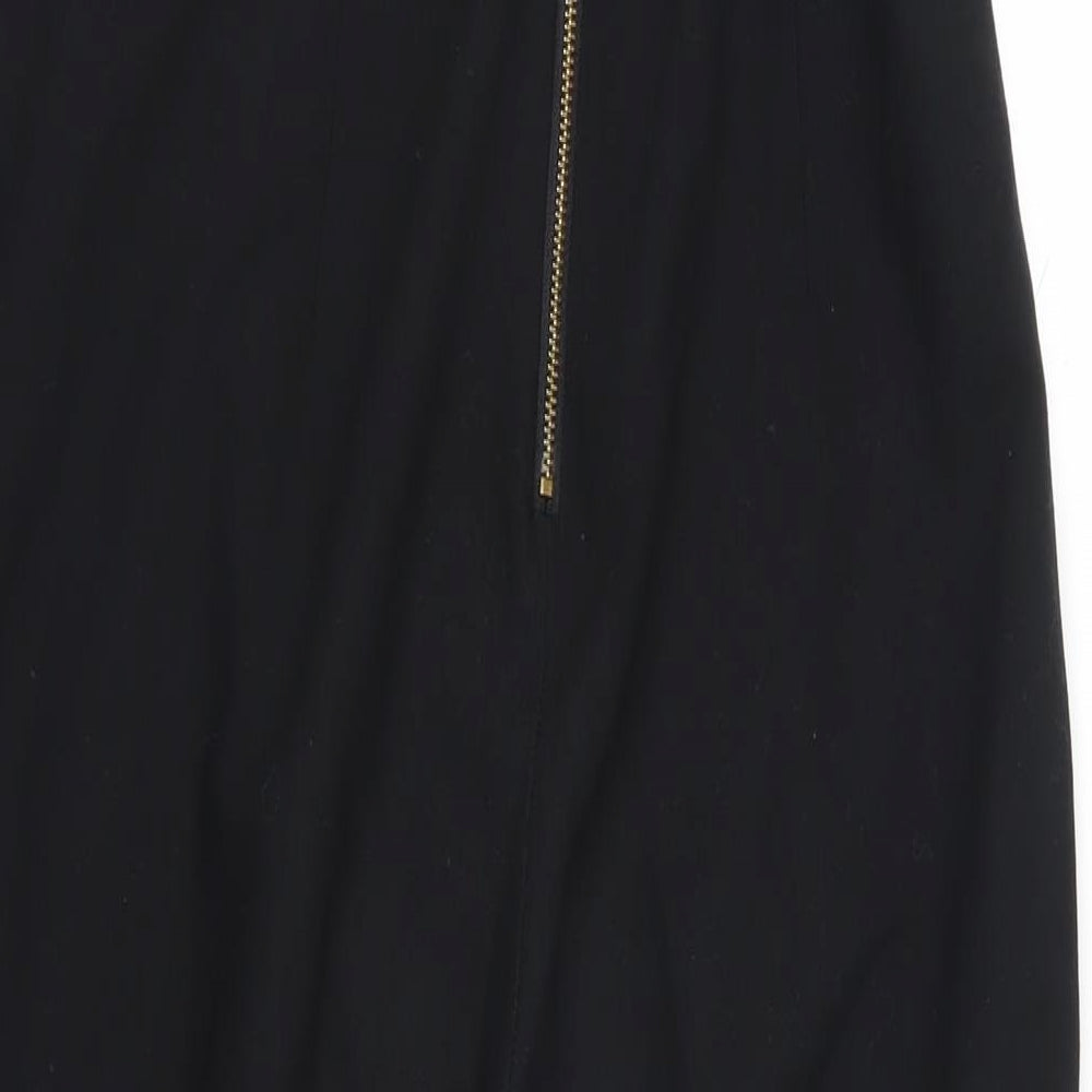 Brand and care label for Miss Selfridge women’s black polyester jumpsuit one-piece, size UK 12 zip - belted strapless