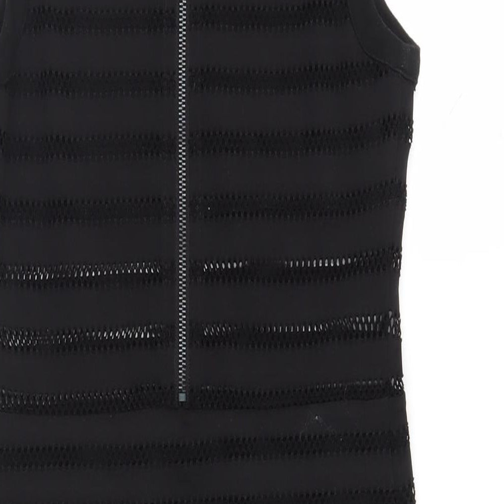 Brand and care label for Silence + Noise women’s black polyester bodycon, size M, round neck zip
