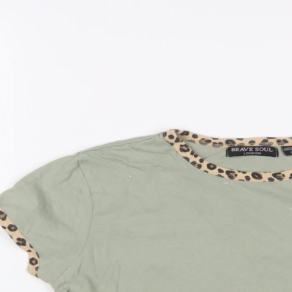 Brave Soul Womens Green Cotton Cropped T-Shirt Size S Crew Neck