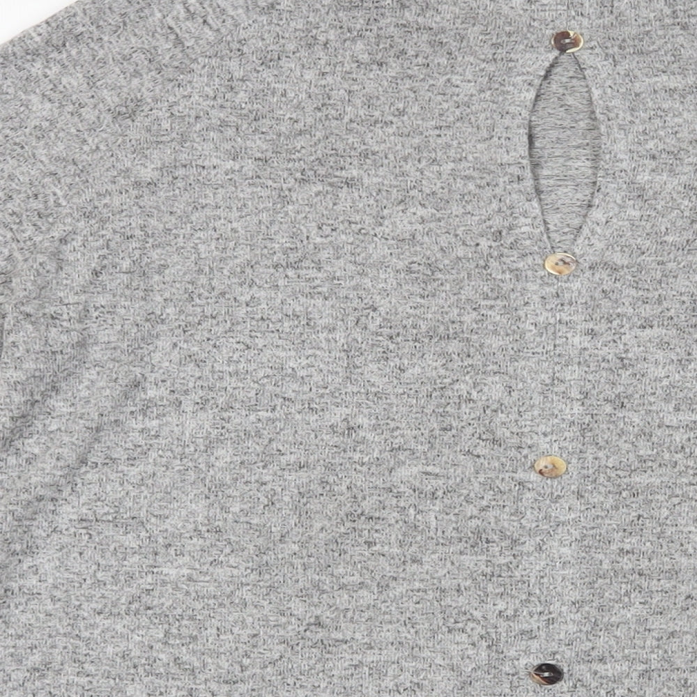 Brand and care label for COIN 1804 women’s grey viscose basic blouse, size S, round neck - flare sleeves