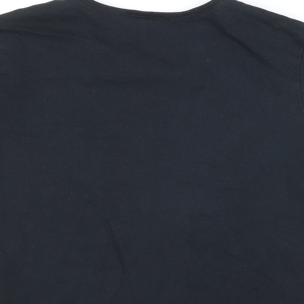 Brand and care label for ASOS women’s black polyester basic t-shirt, size UK 12, round neck