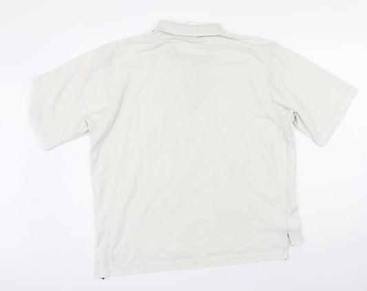Back view of Addidas men’s ivory cotton polo, size L, collared button