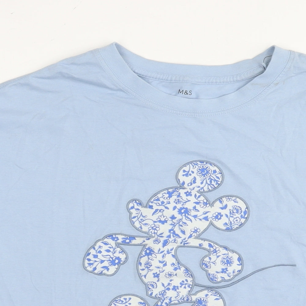 Disney Womens Blue Cotton Basic T-Shirt Size 10 Round Neck - Mickey Mouse Floral