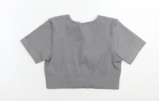 Bo+tee Womens Grey Nylon Cropped T-Shirt Size S Round Neck Pullover