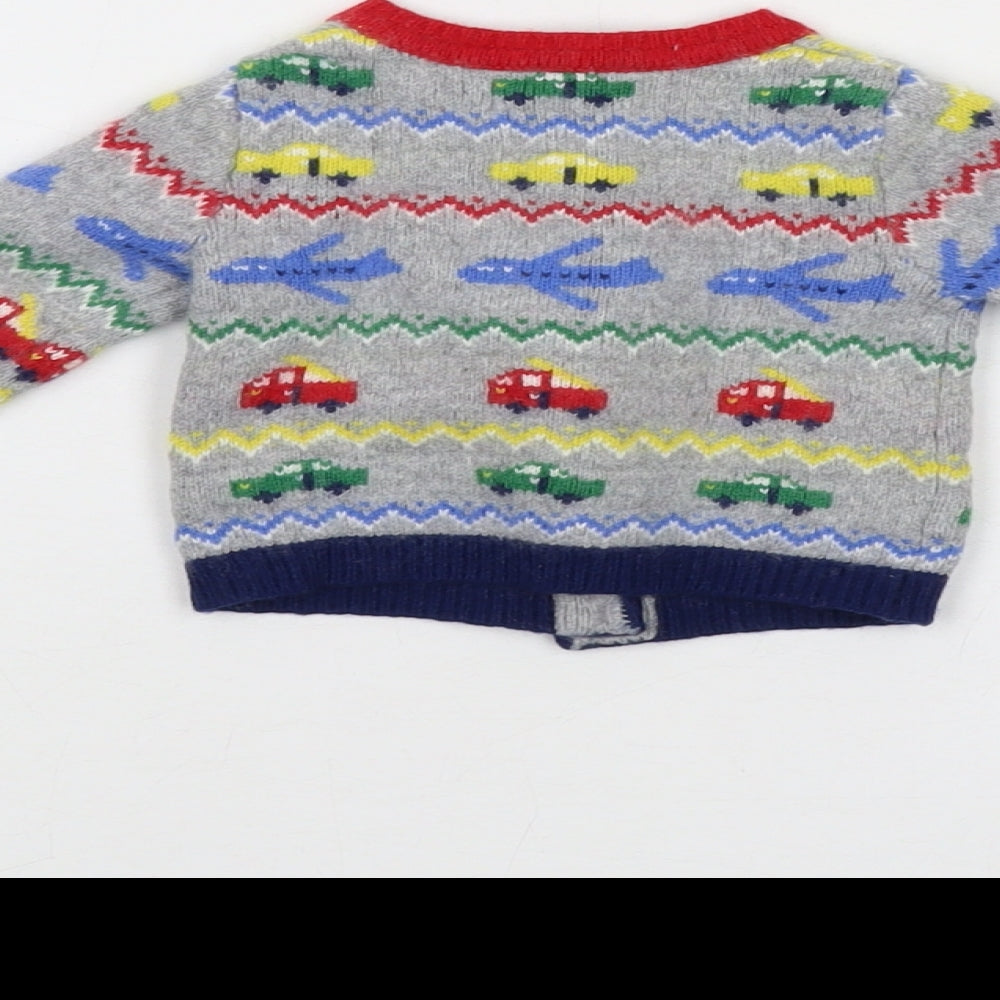Brand and care label for Bodsen boys’ grey geometric polyamide cardigan jumper, size 0-3, months button