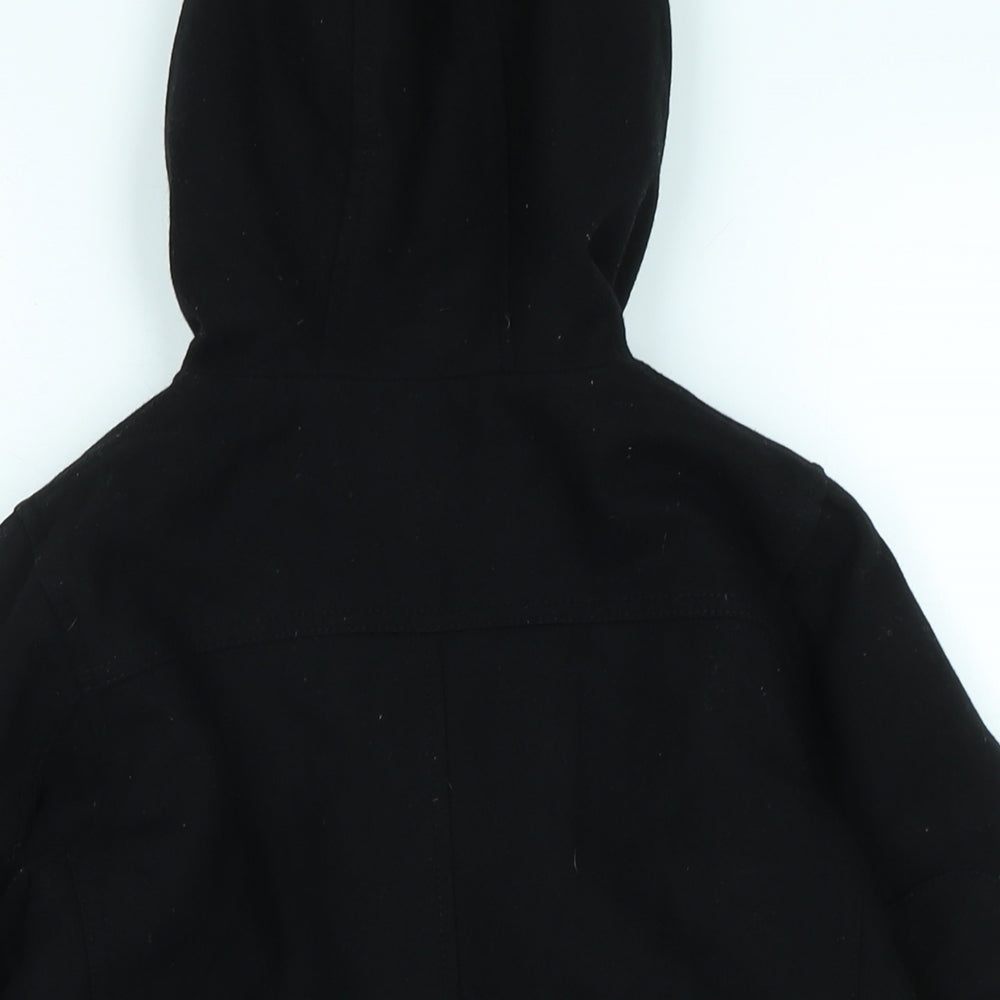 Brand and care label for Next boys’ black duffle coat coat, size 6, years zip