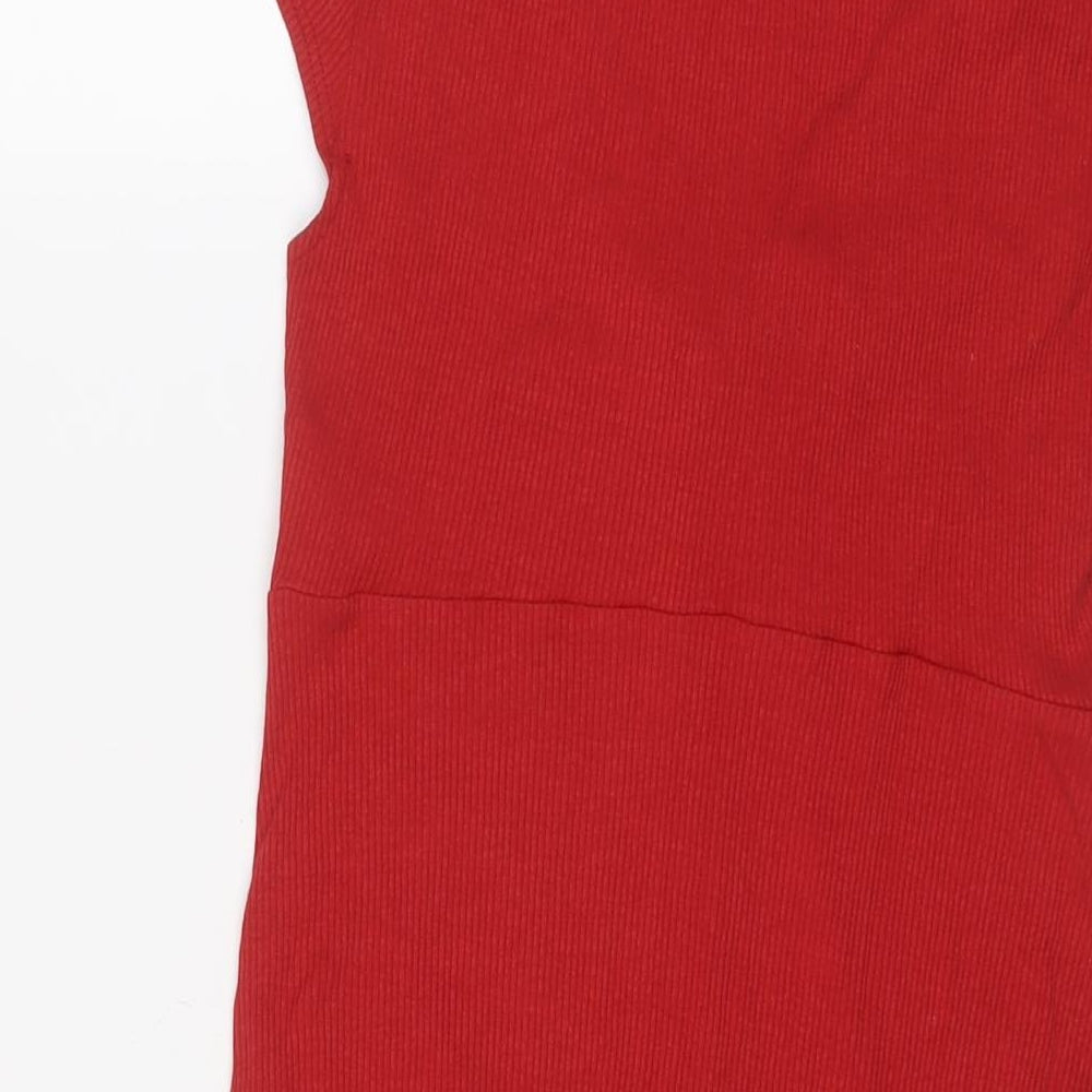 Brand and care label for Miss Selfridge women’s red polyester bodycon, size UK 14, v-neck pullover