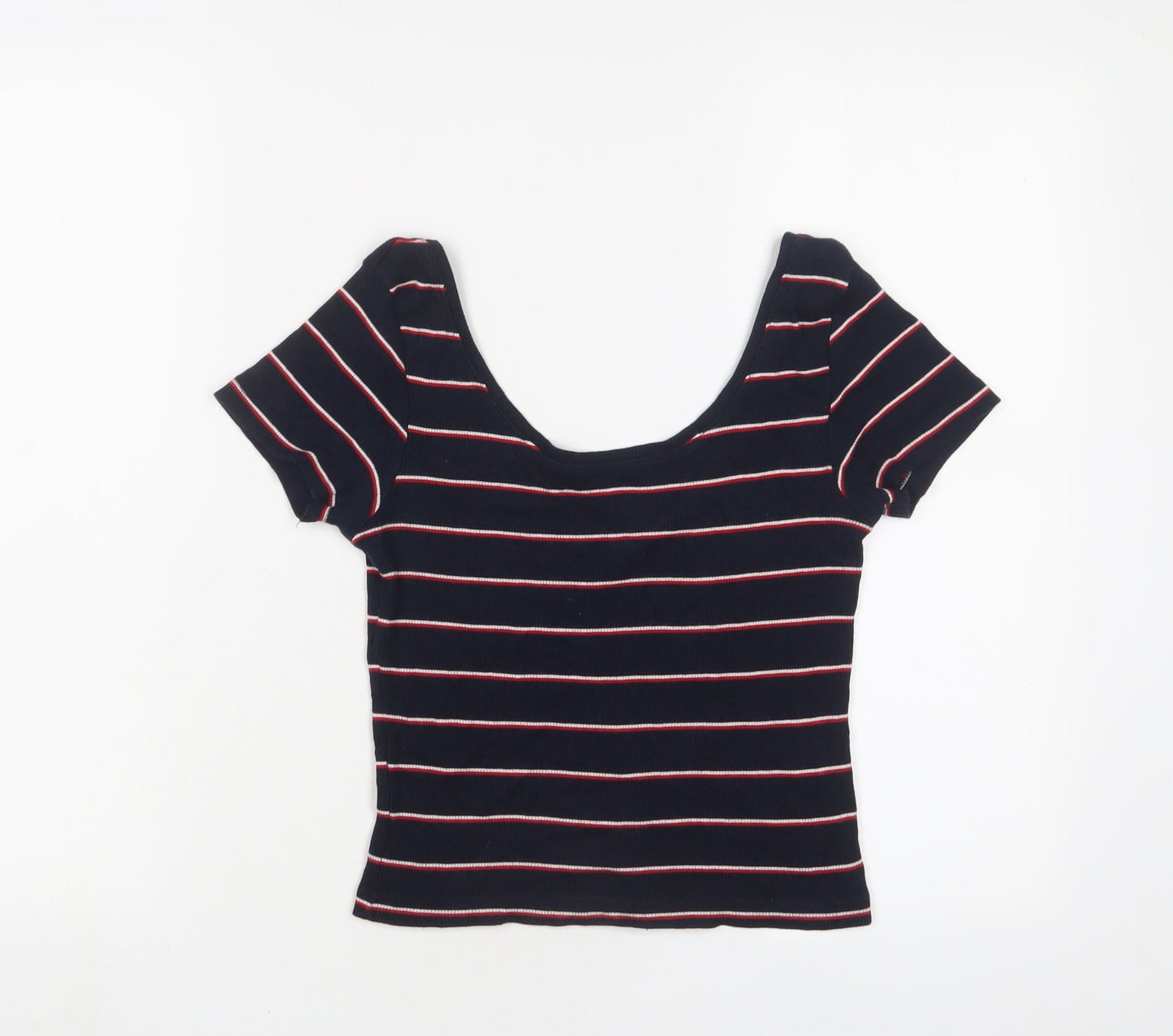 Pull&Bear Womens Blue Striped Cotton Basic T-Shirt Size S Scoop Neck