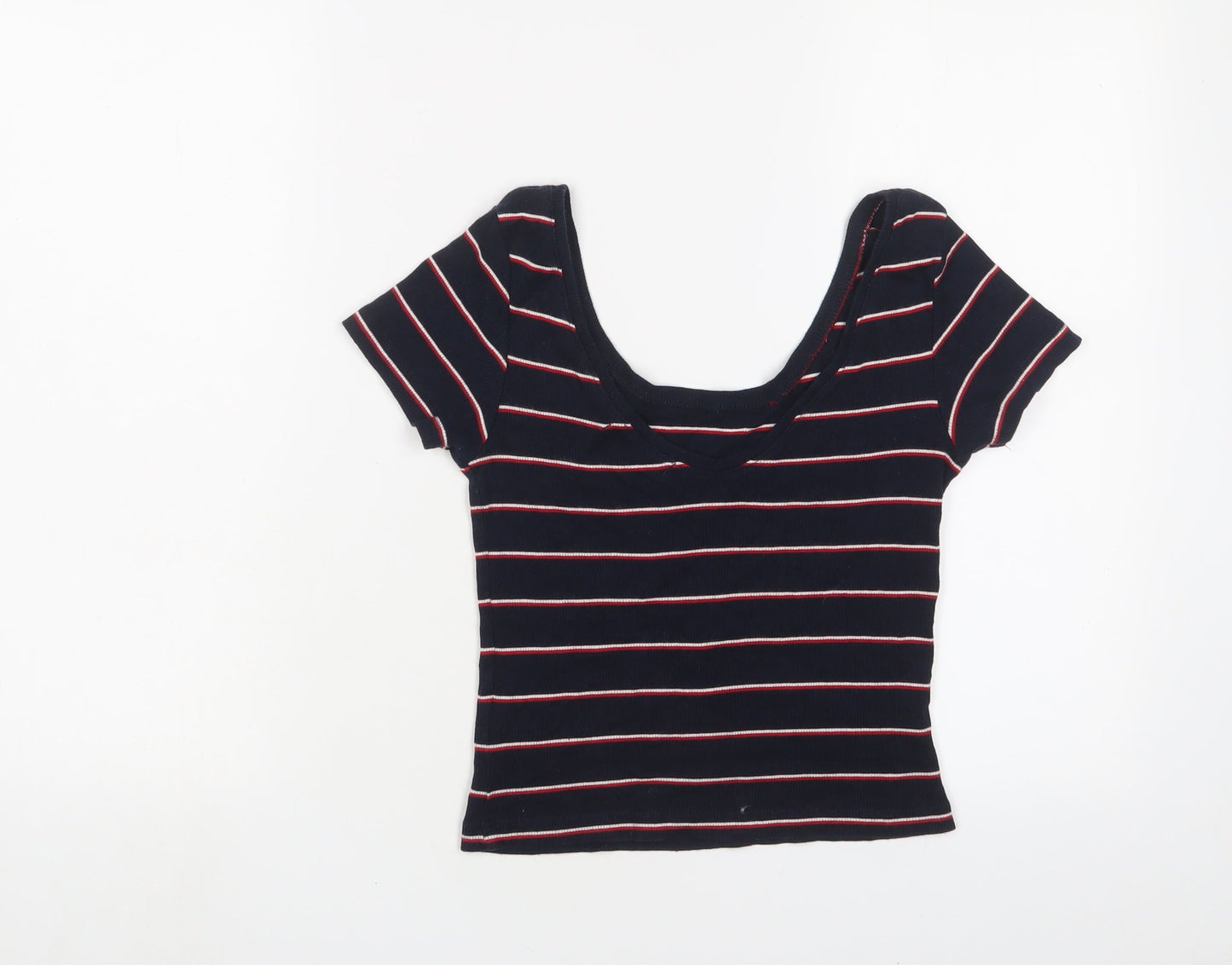 Pull&Bear Womens Blue Striped Cotton Basic T-Shirt Size S Scoop Neck