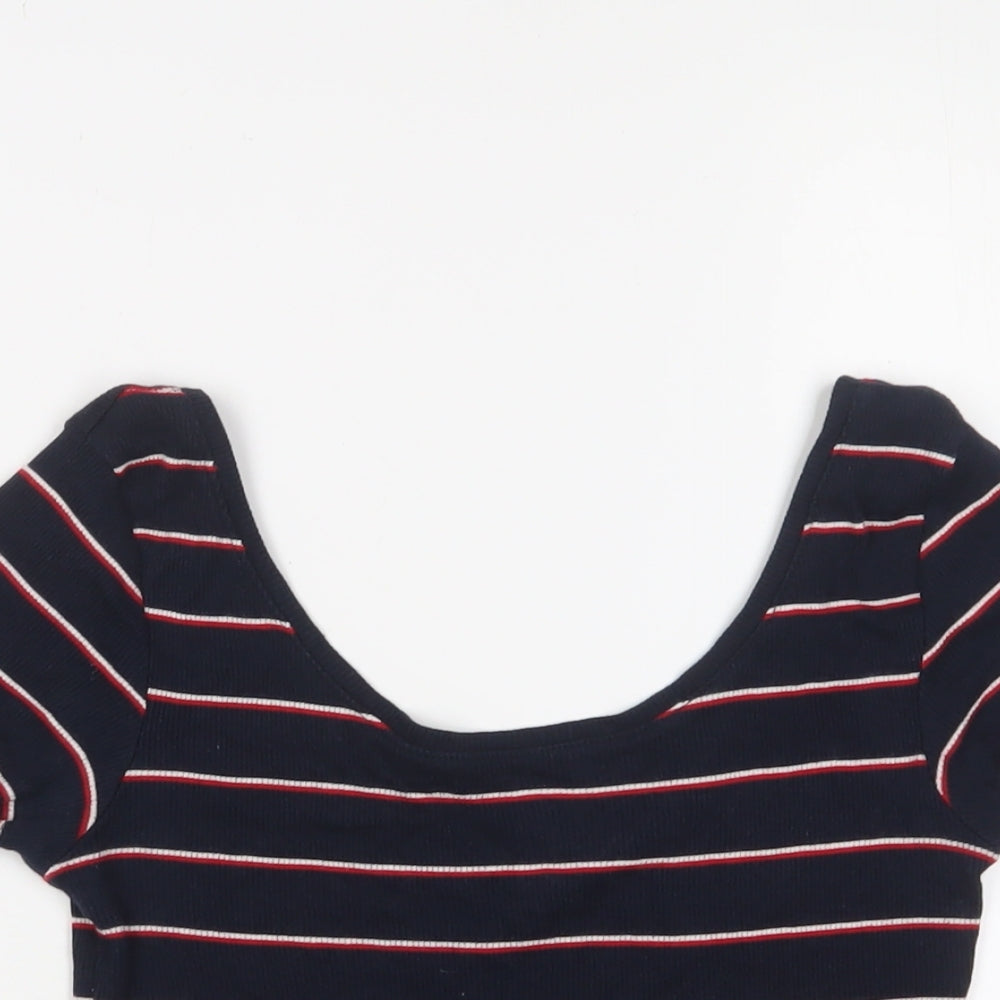 Pull&Bear Womens Blue Striped Cotton Basic T-Shirt Size S Scoop Neck