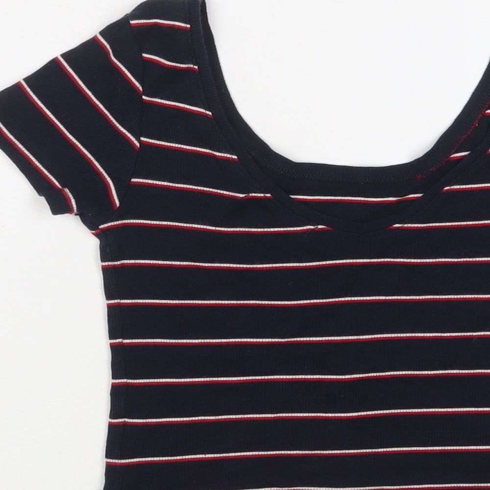 Pull&Bear Womens Blue Striped Cotton Basic T-Shirt Size S Scoop Neck