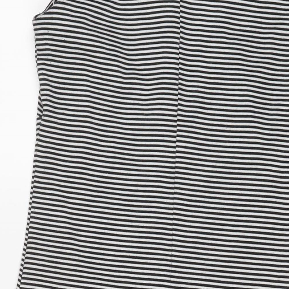 Brand and care label for Dunnes women’s black striped polyester a-line, size UK 10, scoop neck pullover - buttons