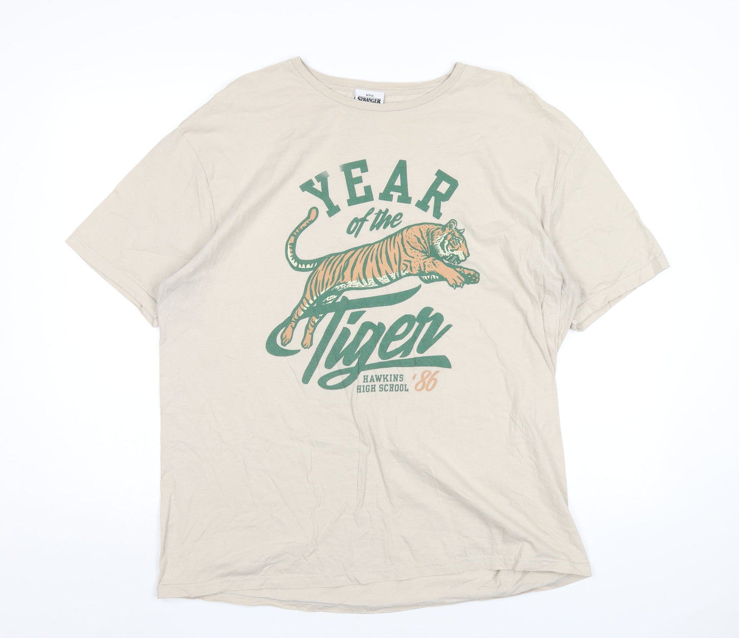 Stranger Things Womens Beige Cotton Basic T-Shirt Size 16 Round Neck - Hawkins High School Year of the Tiger