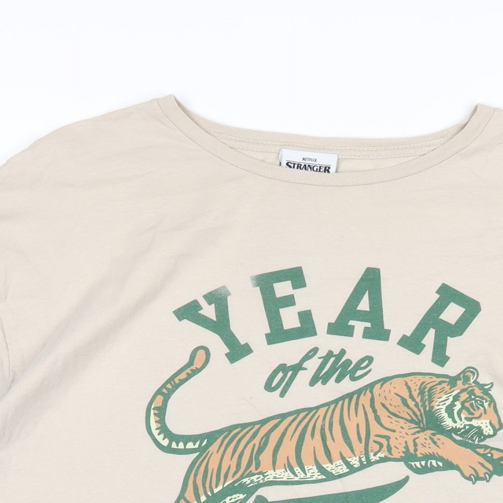 Stranger Things Womens Beige Cotton Basic T-Shirt Size 16 Round Neck - Hawkins High School Year of the Tiger