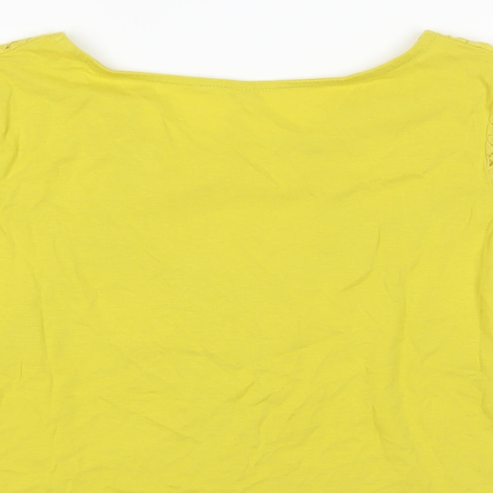 Brand and care label for Sfera women’s yellow cotton basic blouse, size S, round neck - lace detail