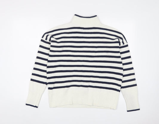 Landsend Womens White Striped Cotton Pullover Sweatshirt Size S Zip