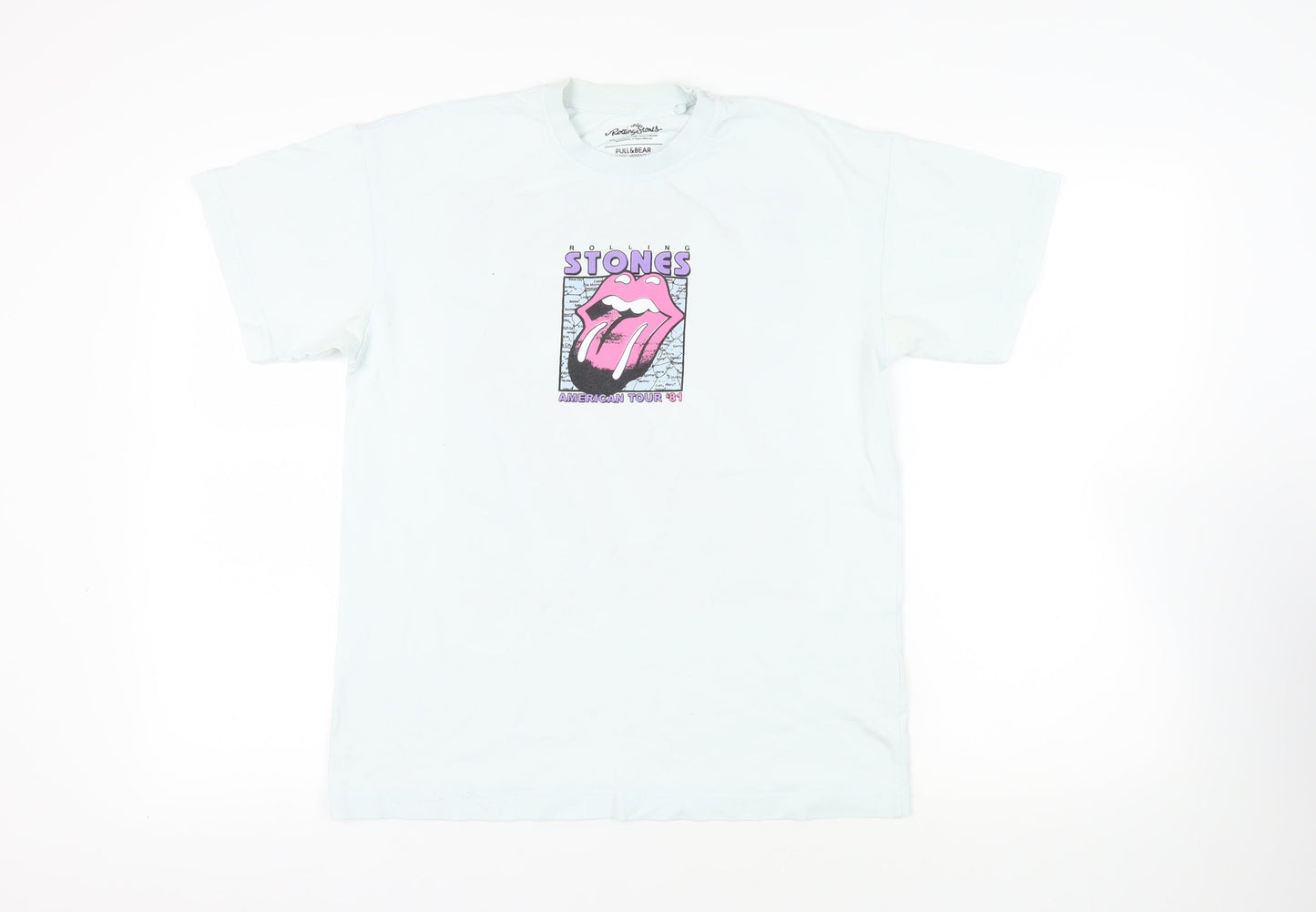 Pull&Bear Womens Blue Cotton Basic T-Shirt Size S Crew Neck - Rolling Stones American Tour '81