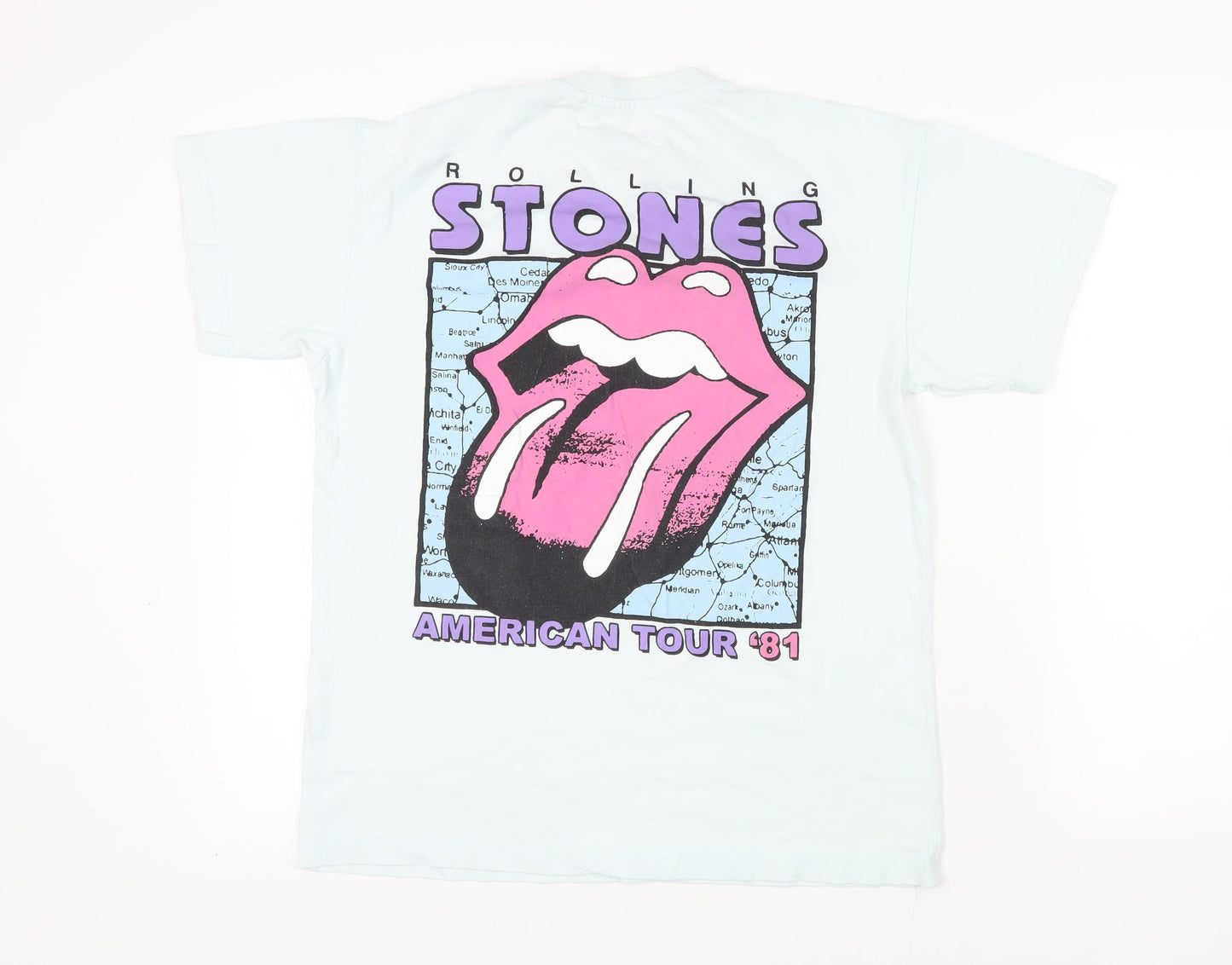 Pull&Bear Womens Blue Cotton Basic T-Shirt Size S Crew Neck - Rolling Stones American Tour '81