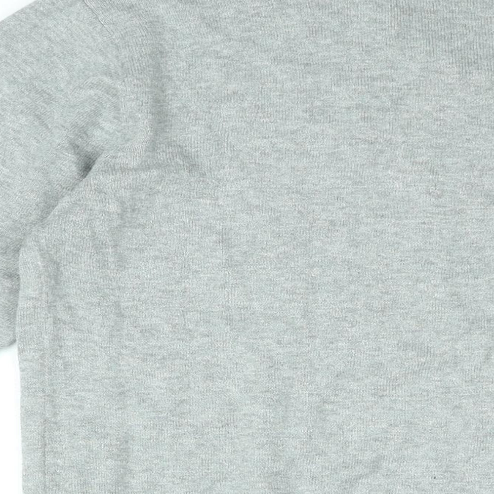 Brand and care label for Easy men’s grey v-neck cotton jumper, size M, long sleeve