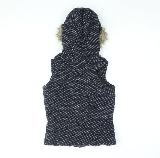 By Henry Holland Womens Blue Polka Dot Gilet Coat Size 10 Zip - Faux Fur Hood