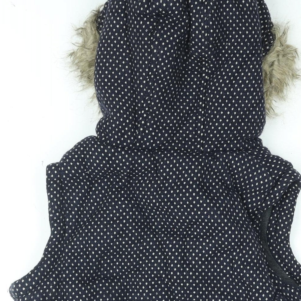 Brand and care label for By Henry Holland women’s blue polka dot gilet coat, size UK 10, zip - faux fur hood