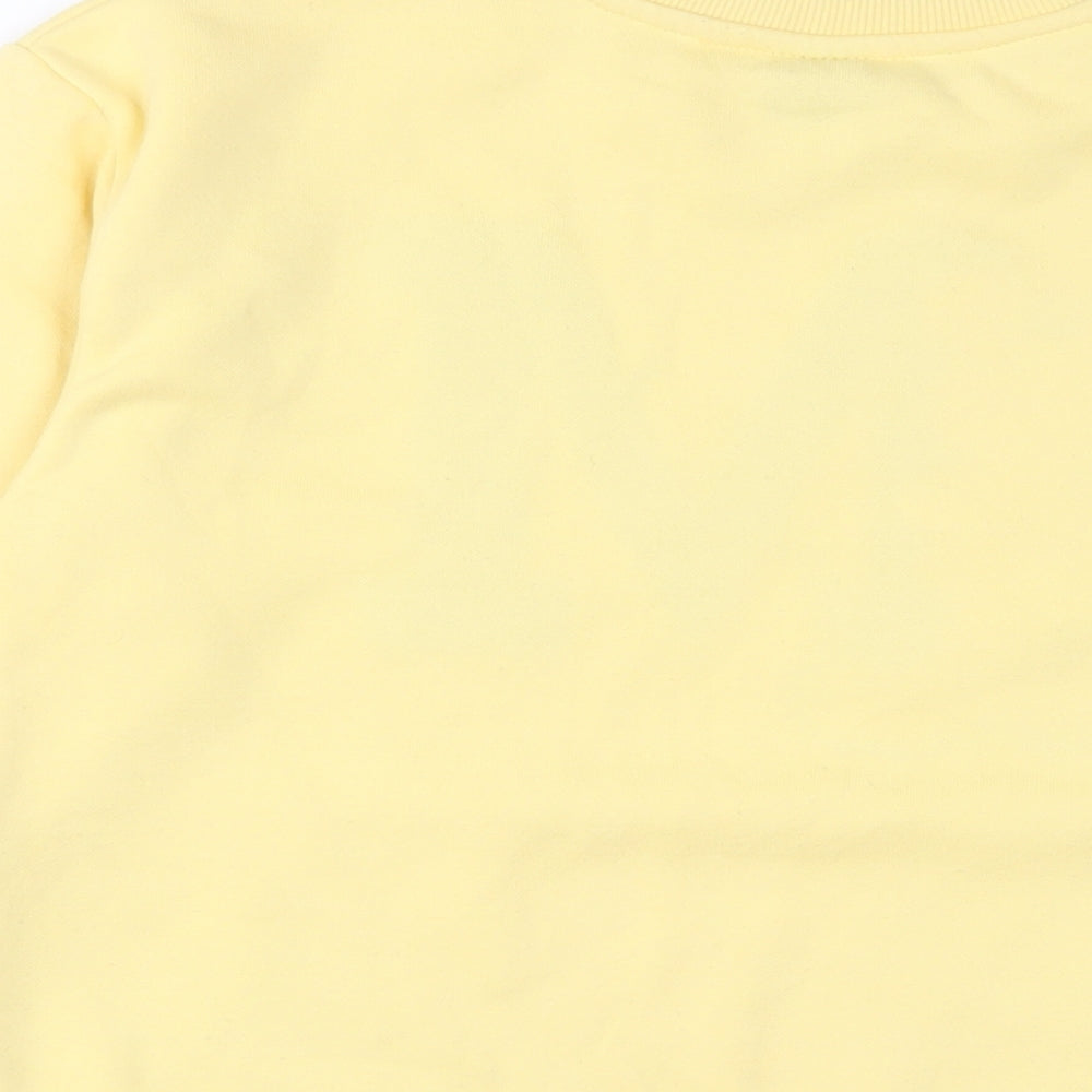 Brand and care label for Mickey Mouse girls’ yellow cotton pullover sweatshirt, size 10-11, years pullover - embroidered