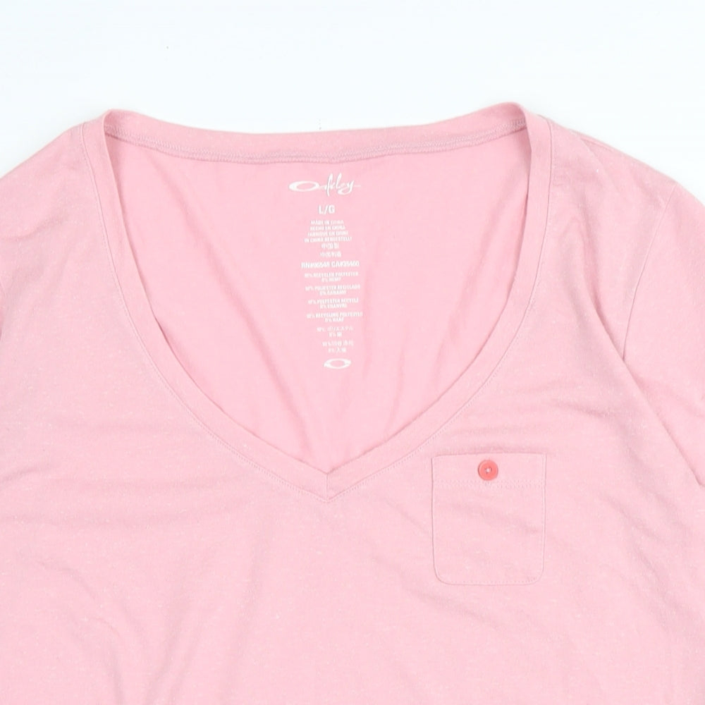 Oakley Womens Pink Cotton Basic T-Shirt Size L V-Neck - Logo