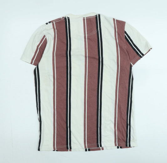 Hollister Mens Multicoloured Striped Cotton T-Shirt Size S Crew Neck - Logo- Hollister Calorfornia