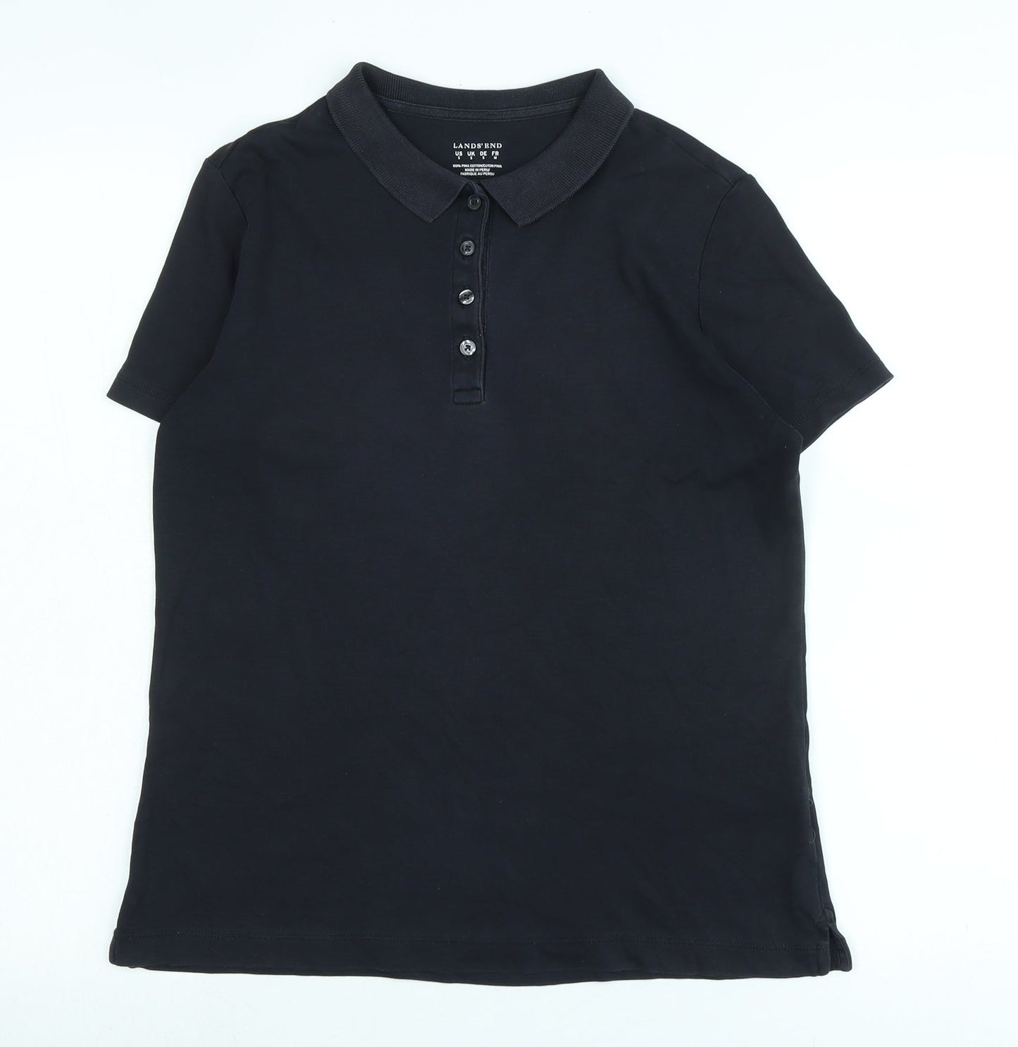 Lands End Womens Black Cotton Basic Polo Size S Collared - Logo