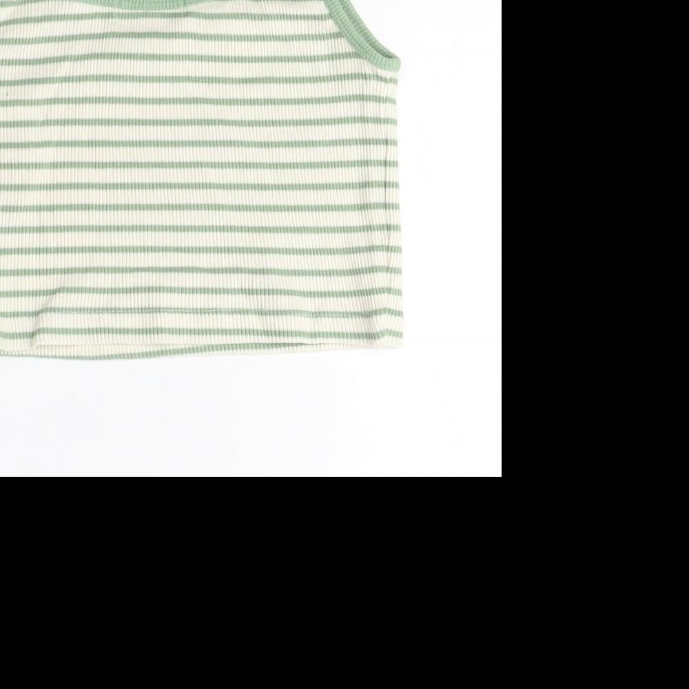 Brand and care label for Pacific Republic girls’ green striped camisole tank xs
