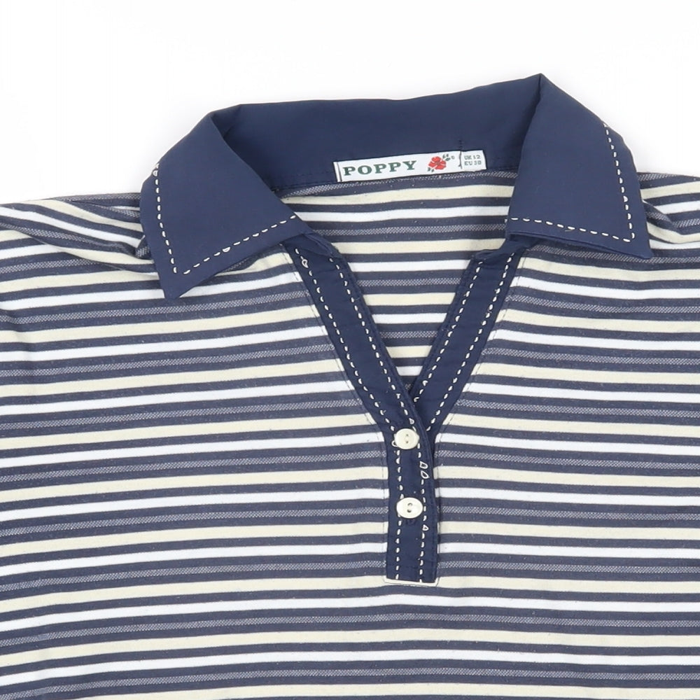 Poppy Womens Blue Striped Cotton Blend Basic Polo Size 12 Collared
