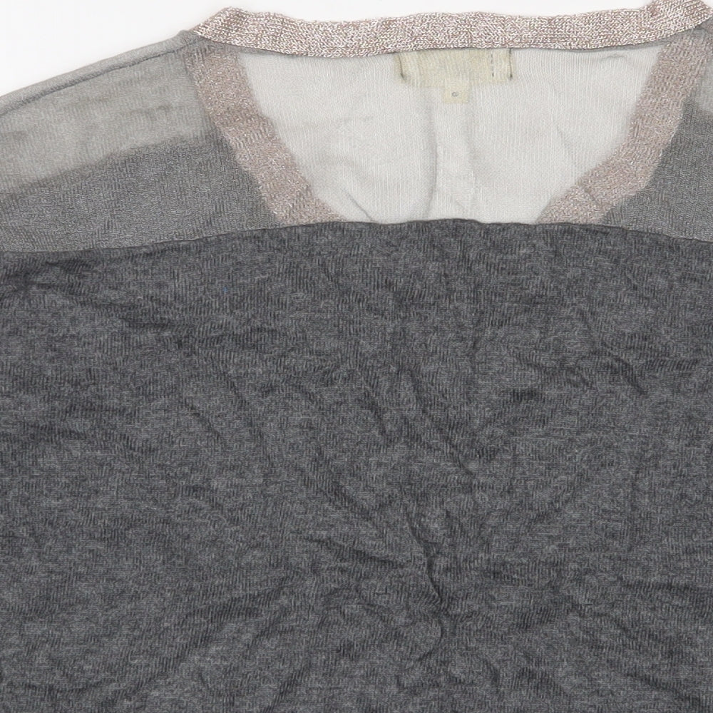 Brand and care label for Savannah Miller women’s grey v-neck viscose jumper, size UK 8, - glitter