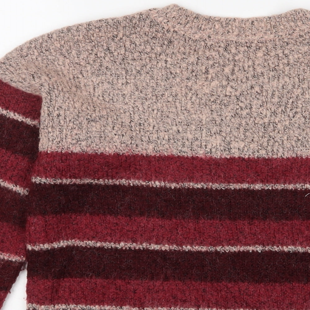 Brand and care label for Red Herring women’s pink crew neck striped acrylic jumper, size UK 12