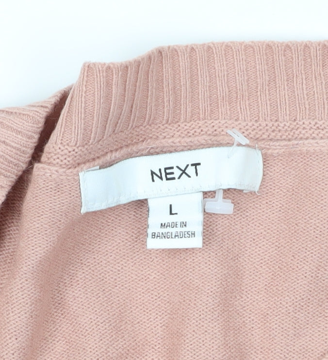 Brand and care label for Next Pink Acrylic Beaded jumper, size L